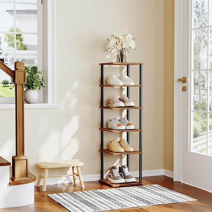 HOOBRO Vertical Shoe Rack, 6-Tier Narrow Shoe Shelf, Shoe Storage Organizer for Small Space, 11" L x 11" W x 39.5" H, Closet, Entryway, Hallway, Bedroom, Rustic Brown and Black BF21XJ01