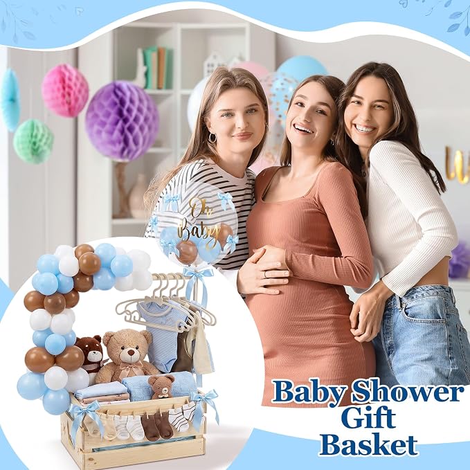 Wooden Baby Shower Crate Closet with Hanger Rack, Blue and Brown Bow Baby Gifts Basket with Balloon Accessories, DIY Babies Welcome Box for Pregnancy New Parent