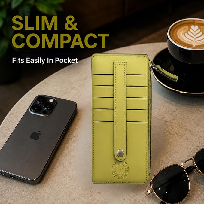 Leatherboss Genuine Leather Women's All in One Credit Business Card Case Holder Slim Zipper Wallet With a Card Protection Strap, Lemon