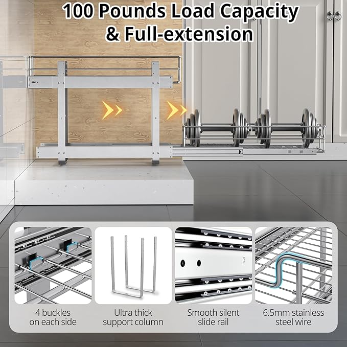 ZOINLIY Pull Out Cabinet Organizer, Versatile Slide Out Kitchen Organizers and Storage,Heavy Duty Drawer Cupboard Storage Basket, Smooth Sliding, Chrome Finish (2-Tiers-24¼''W×22“D)