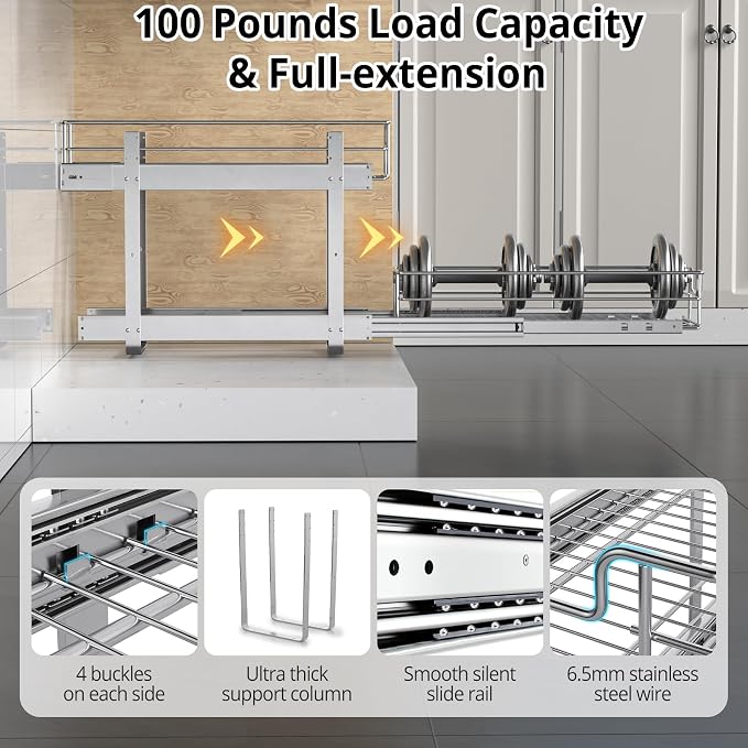ZOINLIY Pull Out Cabinet Organizer, Versatile Slide Out Kitchen Organizers and Storage,Heavy Duty Drawer Cupboard Storage Basket, Smooth Sliding, Chrome Finish (2-Tiers-17¾''W×22“D)