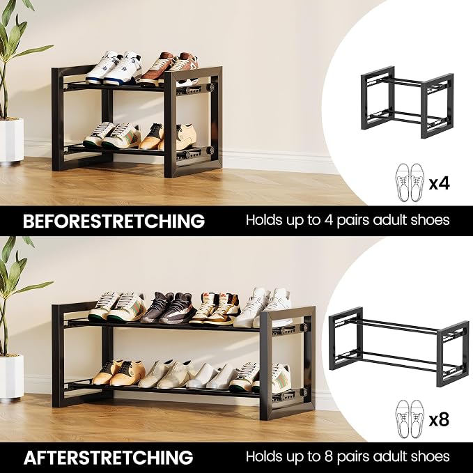 Homeiju Expandable Shoe Rack, 2 Tier Metal Shoe Shelf, Adjustable Shoe Stand for Sneakers, Boots, Heels, Heavy-Duty Steel Standing Shoe Organizer for Entryway, Closet, Bedroom, Black