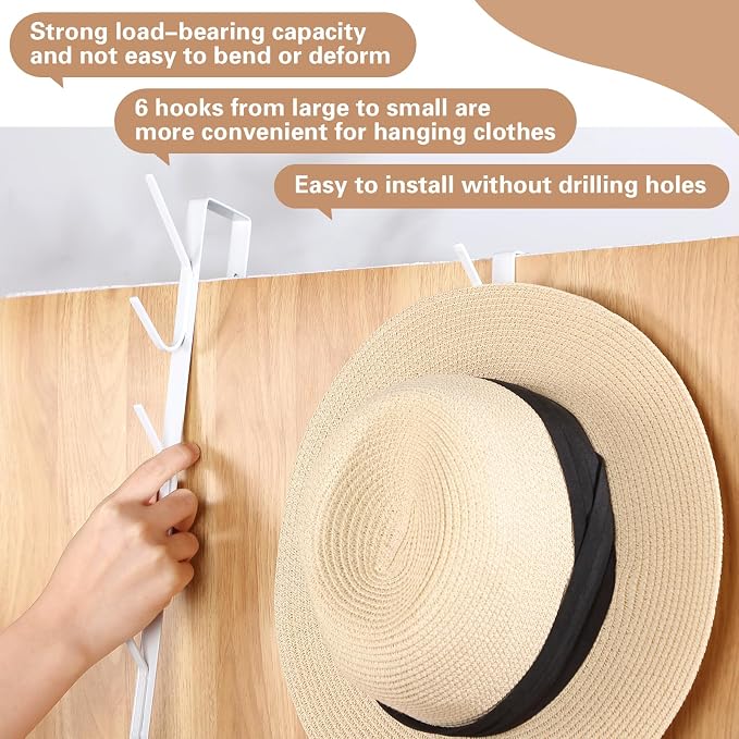 Tandefio 4 Pack 13.8" Over The Door Hook Hanger Comes with 6 Hooks from Large to Small Metal Extra Long Over The Door Hooks Hanger for Hats Rack Coat Scarf Purse Bags Scarf Keys and More (White)