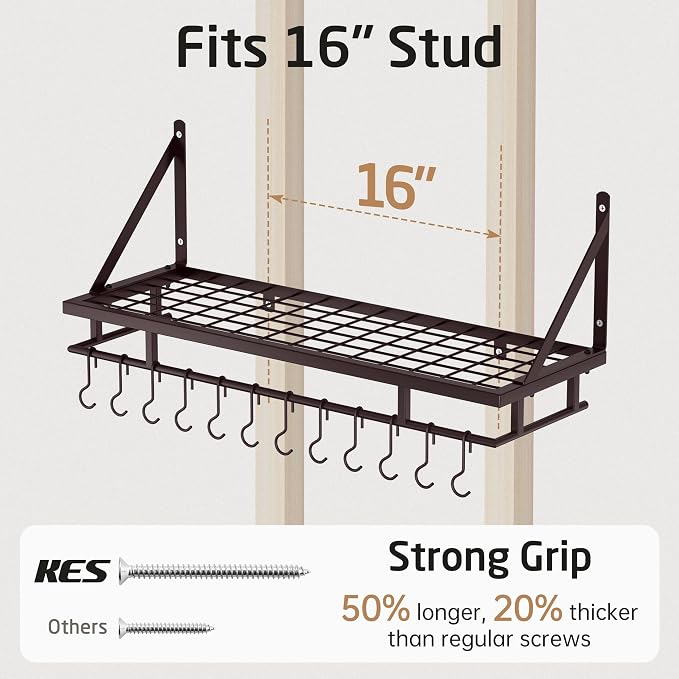 KES 30-Inch Wall Pot Rack, Oil Bronze, 88lb Capacity, 12 Hooks, Farmhouse | Cast Iron Pots and Pans Organizer, Reinforced Grid Shelf, Stud Mounting, Indoor Kitchen Organizer