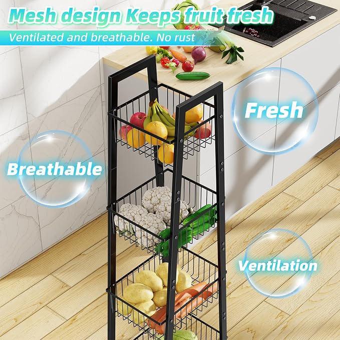 Simple Trending 4 Tier Wire Market Basket Standw, Fruit Basket Storage Stand for Vegetables, Bread, Onions, Potatoes, Black
