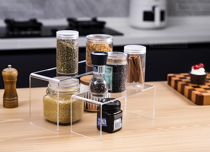 CLAY TONIC Acrylic Display Risers, 5MM Thick Clear Stands, 4-Pack Large Size, for Kitchen Organization and Retail Display (12x 5x 3.5 Inch)