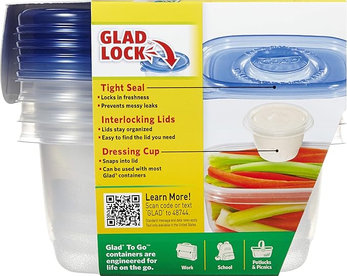 Glad GladWare To Go Snack Food Storage Containers with Lids, Medium Rectangle No BPA Plastic with Built-In Dressing Cup for Salads and Snacks, Microwave Dishwasher Safe, 24 Oz, 4 Count