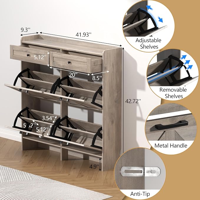 Thacuok Shoe Cabinet with 4 Flip Drawers & 2 Storage Drawers, Rustic Farmhouse Narrow Shoe Organizer Cabinet, Slim Shoe Rack Cabinet, Shoe Storage Cabinet for Entryway, Hallway, Front Door
