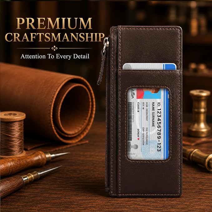 Leatherboss Genuine Leather Women's All in One Credit Business Card Case Holder Slim Zipper Wallet With a Card Protection Strap, Brown