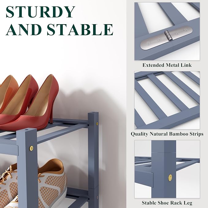 Smiry Long Bamboo Shoe Rack, 6 Tier Free Standing Wooden Shoe Organizer, Stackable Wood Shoe Storage Shelf for Closet, Entryway, 12 Vertical Slats, 2+2+2 Stack Standard Legs, 33.7"x11"x39", Grey