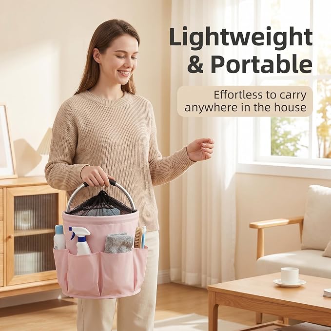 Pink Cleaning Caddy with Handle & Drawstring Top, 17L Foldable | Waterproof 600D Oxford Utility Caddy with 6 Pockets, Collapsible Cleaning Basket for Home, Garden, Dorm, Shower, Bathroom