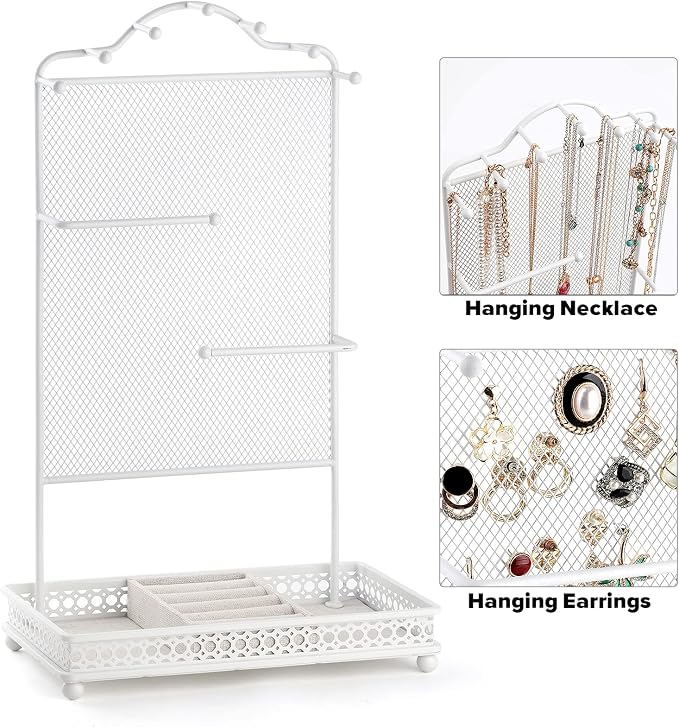Meangood Jewelry Organizer Stand, Earring Holder Rack for Hanging Earrings Necklace Bracelets Watches Jewelry Display Large Rings Storage as Women Gift (White)