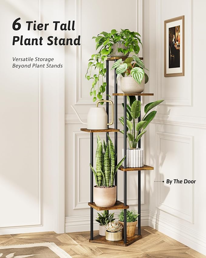 GENTINGBRO Corner Plant Stand Indoor 6 Tiered Tall Plant Stand Plant Shelf for Multiple Plants Coner Shelf Wood Plant Stands Metal Shelving for Living Room Bedroom Balcony Patio Brown Oak