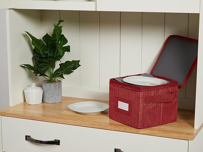 Covermates Dish Storage Box – China & Dinner Plate Storage Container with Dual Zippers, Reinforced Handles, ID Window & Stackable Structured Walls for Dishware Organization, Red Heather