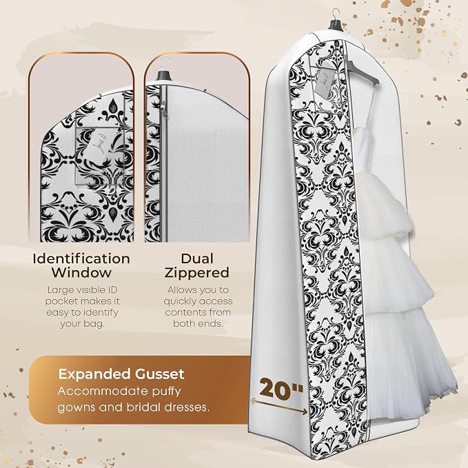 Your Bags Wedding Dress Garment Bag - Garment Bags for Travel & Hanging Clothes or Storage - 72" Wedding Dress Bag for Gowns Long with 20" Gusset for Puffy Bridal Gowns Cover - White/Black Damask