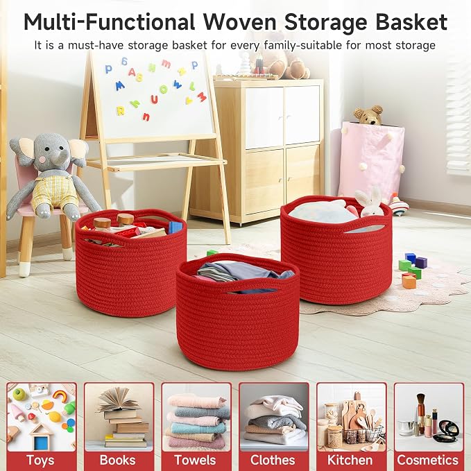 Small Rope Baskets for Storage, Baskets for Gifts Empty, Cute Round Woven Basket, Decorative Shelf Baskets 9.82×9.82×7.1", Cotton Toy Basket Storage Bins for Organizer 3 Packs-Red