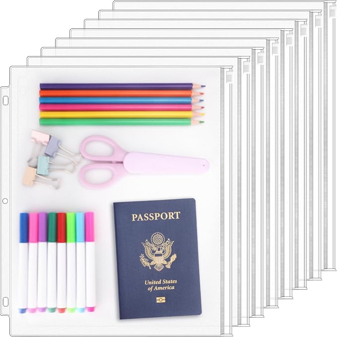 Antner 8 Pack Clear Letter Size Binder Pockets 3 Ring Binder Zipper Pouch Document Organizer, Waterproof PVC 3-Hole Loose Leaf File Bags Insert Sleeves Page Sheet Protectors Business Office Supplies
