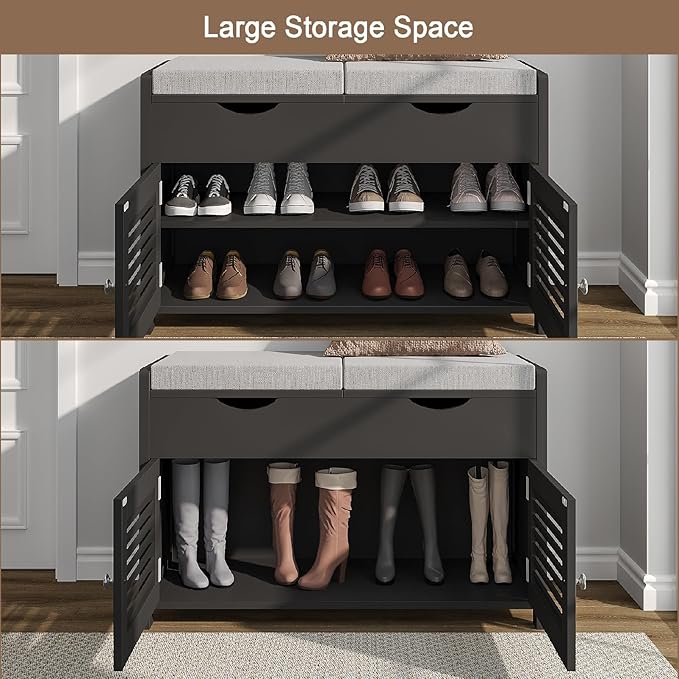 ChooChoo Shoe Storage Bench with Lift Top Storage & Cushioned Seats | 29.5" Entryway Bench with 3 Compartments & Adjustable Shelf, for Entryway, Black