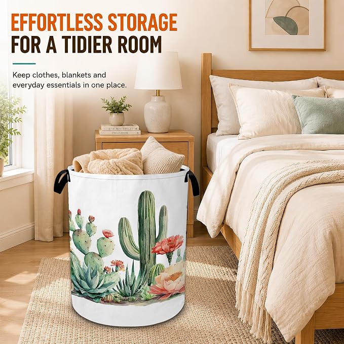 Cactus Succulent Laundry Basket,Greenery Flower Foldable Oxford Laundry Hamper with Handles,Collapsible Clothes Storage Basket for Bedroom,Bathroom,or Laundry Room,20.8 x 16 Inches
