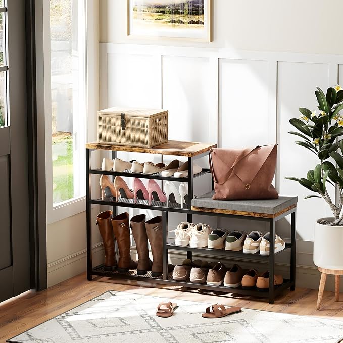 Shoe Rack,Freestanding Hidden Shoe Storage Organizer for Entryway, Shoe Bench Shelves for High Boot with Seat Cushion,Wood Shoe Rack Cabinet for Front Door Entrance Closet, Hallway, 5 Tier,Brown