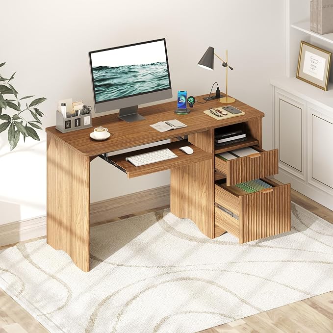 Bestier Computer Desk with Drawer, 55 inch Office Desk with Power Outlet, Modern Home Office Desk with Keyboard Tray (55" W with Single-Sided Drawers)