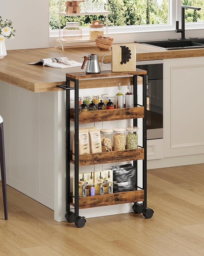 CHOEZON 4-Tier Slim Storage Cart, 5.1'' Kitchen Serving Trolley, Slim Rolling Cart with Handle and Guard Rails, Slim Cabinet for Small Spaces, for Dining Room, Rustic Brown and Black TTC01BF