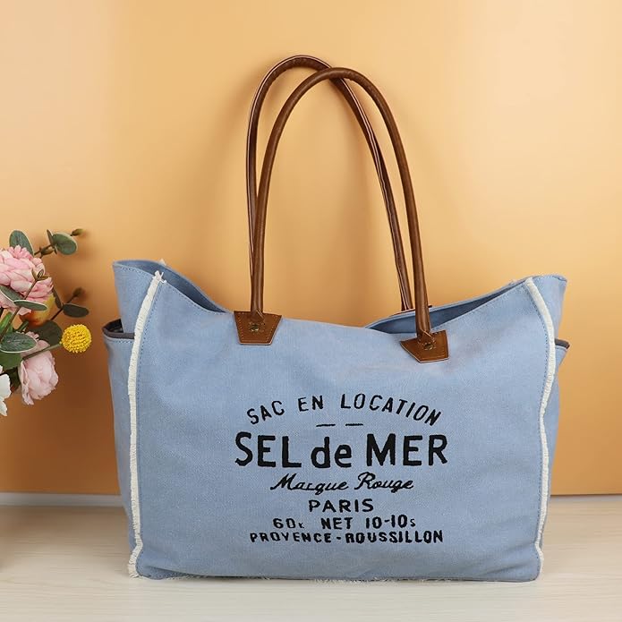 Lamyba Sel De Mer Canvas HandBag Upcycled Canvas Leather Tote Bag