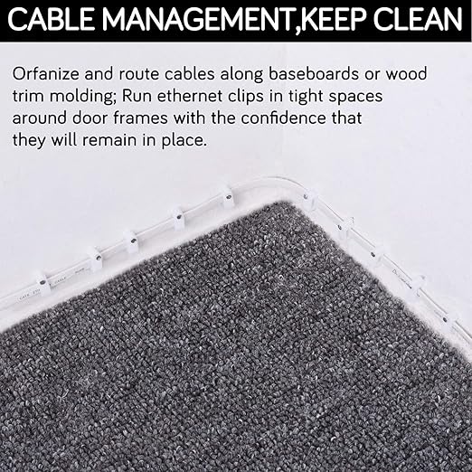 Cable Clips - CableGeeker 100 Pieces Ethernet Cable Clips with Nails 8mm Cord Holder for Cat6 Cat7 Flat Ethernet Cable (White)