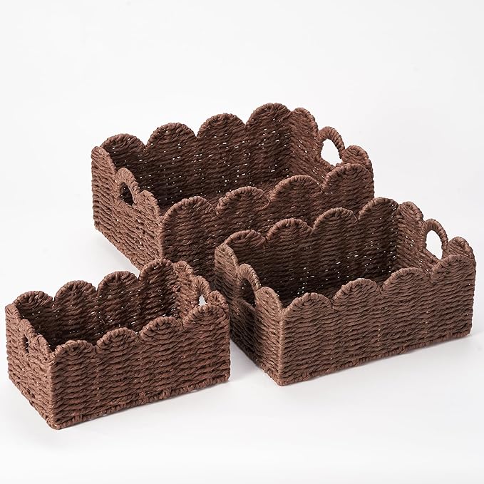 Scalloped Wicker Baskets, Set of 3 Hand-Woven Storage Baskets with Handles - Paper Rope Shelf Organizers & Decorative Baskets for Shelves, Closet, Bathroom (Brown）