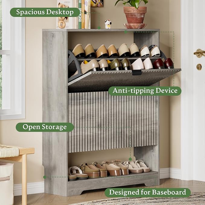 Xixini Shoe Storage Cabinet for Entryway with 2 Flip Drawers, Hidden Slim Wood Shoe Organizer with Modern Fluted Panel, Freestanding Narrow Shoe Rack for Front Door Entrance, Hallway, Foyer, Grey