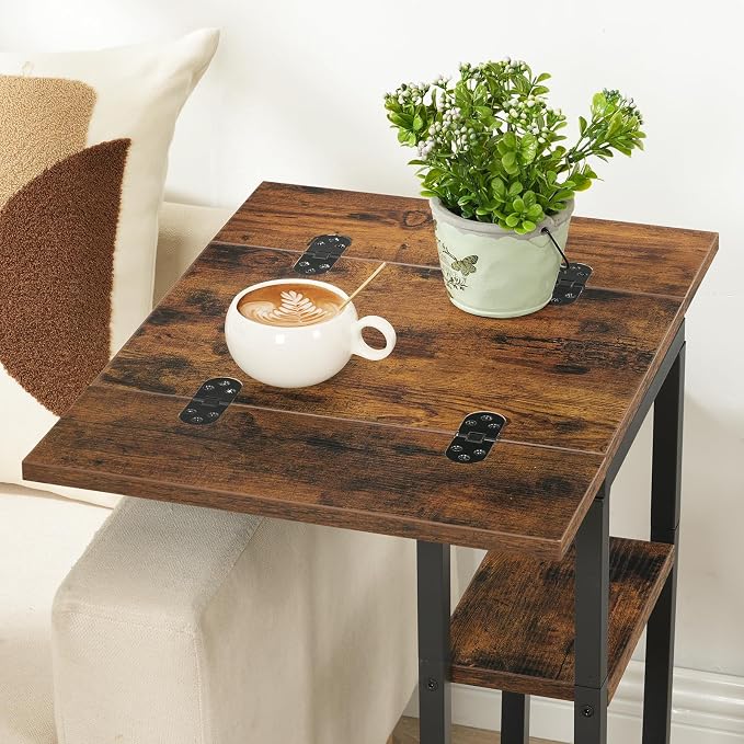 HOOBRO Foldable C Shaped End Table, C Shaped Side Table with Storage Shelf, Small Snack Table, Slide Under Couch Table for Sofa, Living Room Bedroom Small Spaces Easy Assembly, Rustic Brown BF29SF01