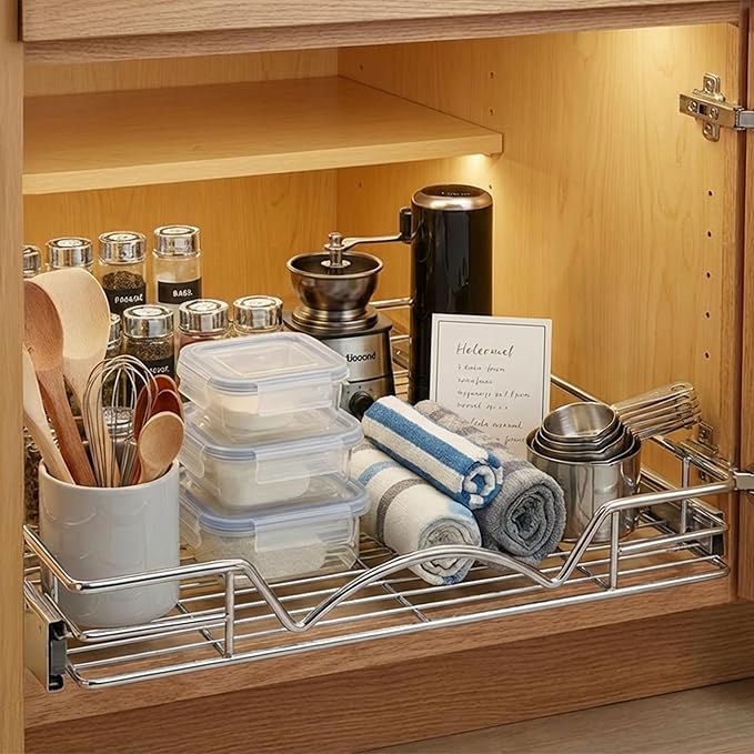 HOLDN’ STORAGE Pull Out Cabinet Organizer, Heavy Duty Caddy w/Lifetime Limited Warranty - 8”W x 21”D - Requires At Least 9-1/4” Cabinet Opening, Steel Metal Cabinet Drawers Slide Out, Chrome