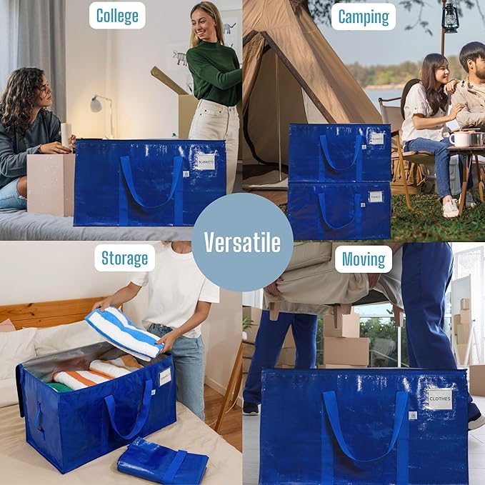VENO 8 Pack Heavy Duty Moving Bags, 90L Extra Large Packing Storage Totes, 50lbs Load, Reinforced Handles, Zippers & Tag, for College Dorm Essentials, Clothes, Bedding (Blue)