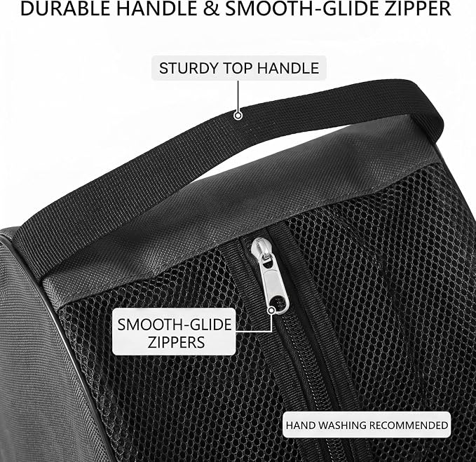 Golf Shoe Bag with Full Top Mesh Ventilation, Zippered Sports Shoe Carrier for Travel, Fits up to Size 13 Men Women (Black)