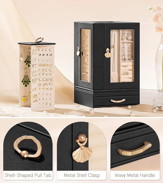 Enthralite Luxury Jewelry Box for Women: 360° Rotating with Clear Window | Compact Jewelry Storage with Drawer - Necklace Ring Organizer with Compartments - Elegant Earring Holder Display Great Gift