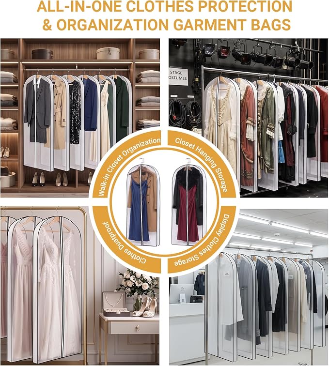 2 Pack 60" Clear Garment Bags for Hanging Clothes,4" Gusseted Suit Bags for Closet Storage Non-woven Back,Long Hanging Clothes Storage Suit Cover Bags with Zipper for Coats,Jackets,Shirts