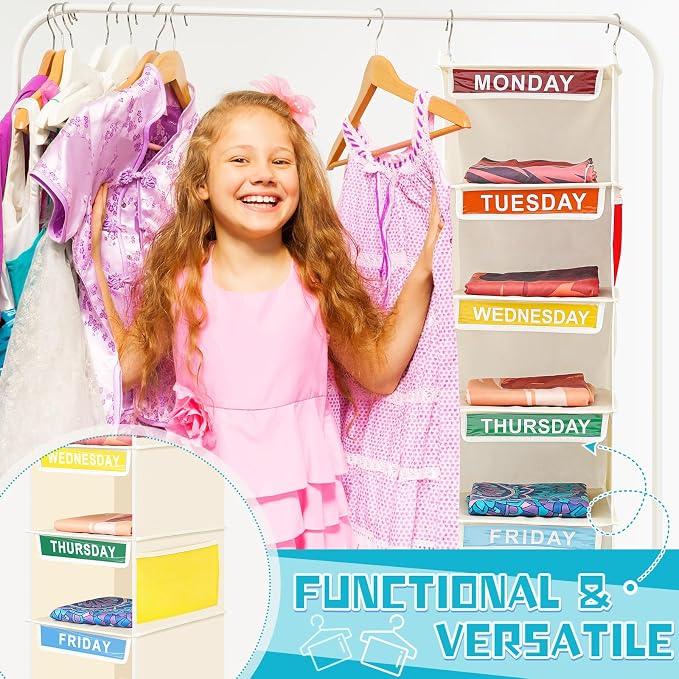 Amylove 2 Pcs 7 Shelf Weekly Clothes Organizer for Kids Hanging Closet Organizer 11. 8 x 11. 8 x 50 Inches Daily Activity Kids Clothes Storage Drawers Cube Drawers Closet Hanging Shelves(Beige)