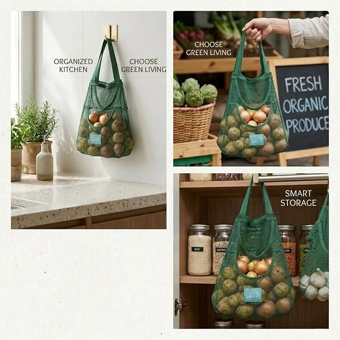 Durable Hanging Mesh Bags for Fruit & Vegetables. Reusable, Breathable Storage for Garlic, Potatoes & Pantry. Eco-Friendly Kitchen Organizer & Decor (1 extra large blue bag)