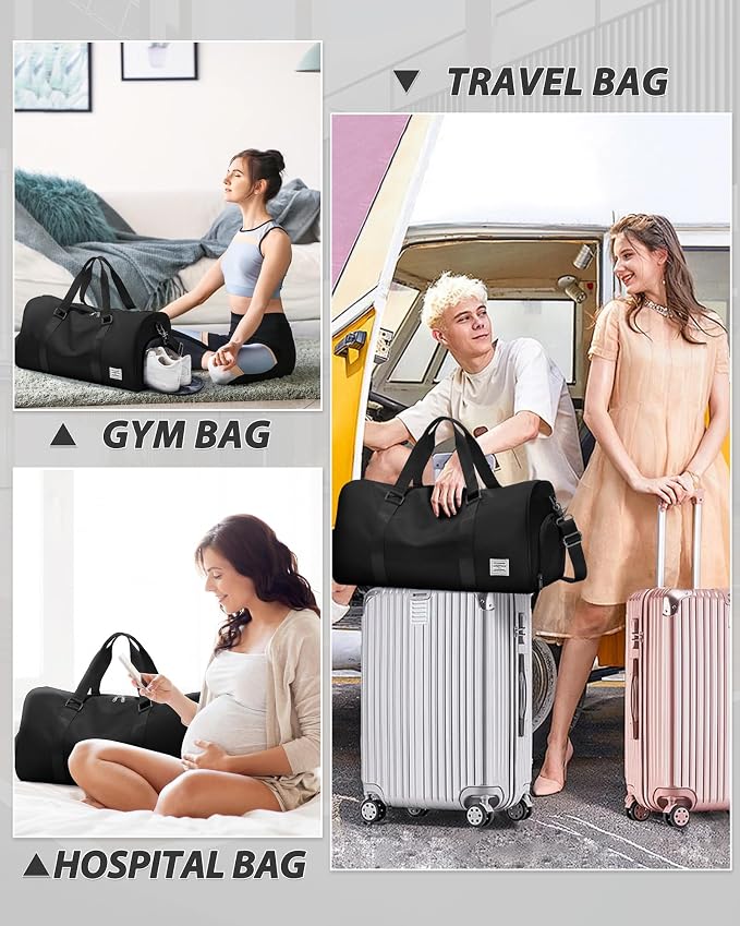 Travel Duffle Bag,Weekender Overnight Bags for Women with Shoes Compartment,Tote Gym Bag Personal Item Carry On Bag for Travel Business Trips Sport Hospital Dance Black