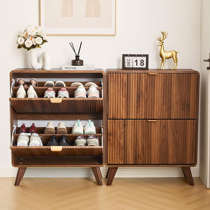 RARZOE Set of 2 Fluted Shoe Storage Cabinets for Entryway, Walnut | Narrow Curved Shoe Storage Cabinet with 2 Flip Drawers, Slim Shoe Rack Organizer for Foyer, Hallway, Fits Size 11 Shoes