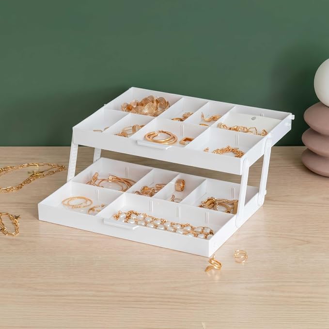 IRIS USA 2-Tier Drawer Organizer |Made in USA| 22 Dividers - White | Expandable Multi-Level Collapsible Organization Storage for Crafts, Makeup, Jewelry, Office & Garage