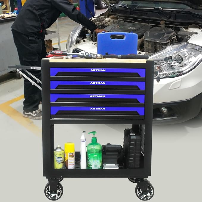 36" Tool Box with Wheels 4 Drawers Rolling Tool Cart, Wooden Top Workbench, 660lbs Total load Tool Cabinet with Locked Drawers Storage Organizer Cabinet for Garage, Warehouse, Repair Shop - Blue