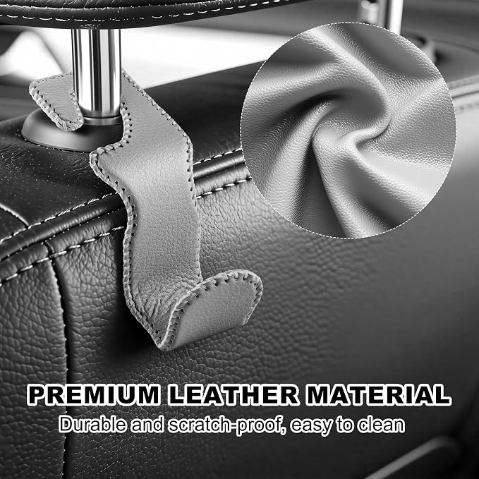 EldHus Car Seat Hooks for Purses and Bags, 4 Pack Car Purse Holder for Grocery Bag Handbag Clothes, Metal Headrest Hooks Covered by Leather, Gray