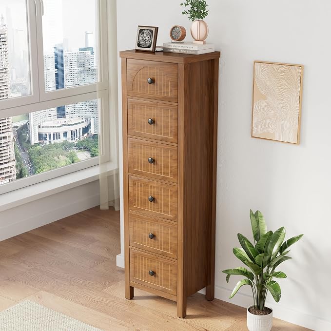 Lxsxlome 6 Drawer Dresser for Bedroom,Modern 52.55'' Tall Wood Chest of Drawers, Storage Organizer with Fluted Panel & Anti-Tip Kit for Closet, Hallway, Living Room,Nursery (Walnut, 6 Drawers)