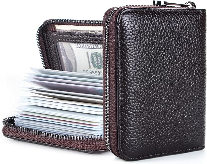 Suweibuke Genuine Leather Credit Card Holder Zipper Wallet RFID Blocking Secure Card Case ID Case Organizer (Classic Brown)