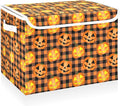 CaTaKu Large Fabric Storage Bins With Lids, Halloween Pumpkin Plaid Storage Boxes With Handles for Organizing Clothes, Collapsible Storage Cube Bins Baskets for Shelves