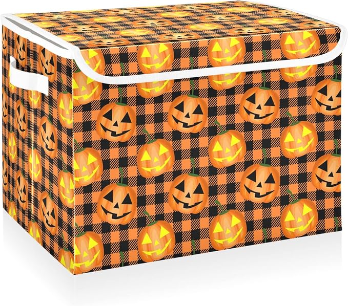 CaTaKu Large Fabric Storage Bins With Lids, Halloween Pumpkin Plaid Storage Boxes With Handles for Organizing Clothes, Collapsible Storage Cube Bins Baskets for Shelves