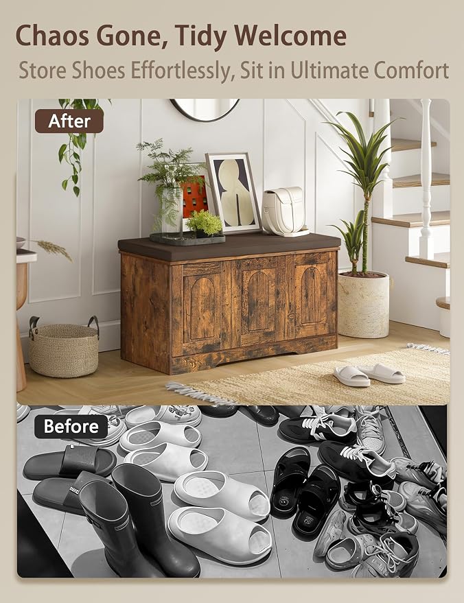 DINZI LVJ Shoe Bench, Entryway Storage Bench with Doors, Cushion, 3-Tier Shoe Rack with 9-Cubby, 39.4" L x 13.8" W Shoe Organizer Cabinet, Fully Adjustable Shelves, Living Room, Bedroom, Rustic Brown