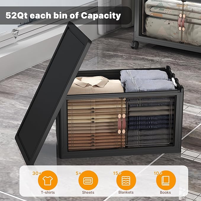 UAMFURI Stackable Storage Bins with Lids, Extra Large Plastic Organizer Cabinet Drawers, 144QT Collapsible Closet Containers with Doors and Wheels,For Bedroom, Kitchen, Office, Garage,(3Pack Cube)