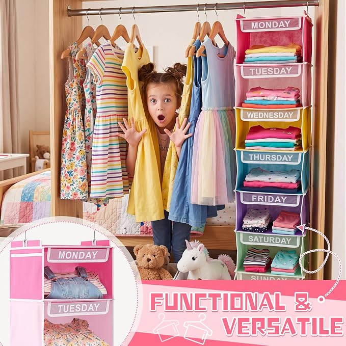 Amylove 2 Pcs 7 Shelf Weekly Clothes Organizer for Kids Hanging Closet Organizer 11. 8 x 11. 8 x 50 Inch Daily Activity Kids Clothes Storage Drawers Cube Drawers Closet Hanging Shelves (Pastel Color)